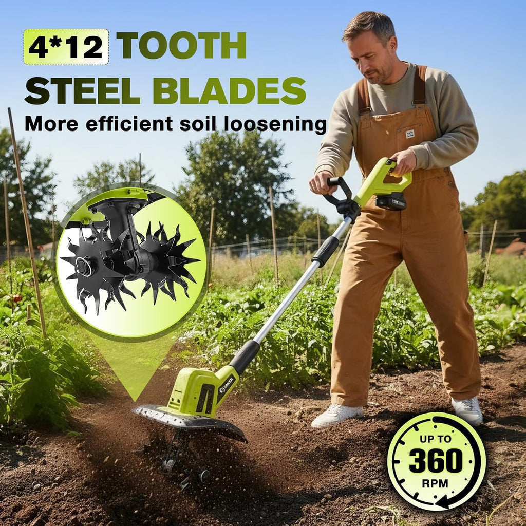 22V Cordless Garden Tiller Cultivator Rototiller for Gardening | Electric Garden Tiller,360RPM,9-Inch Tilling Width
