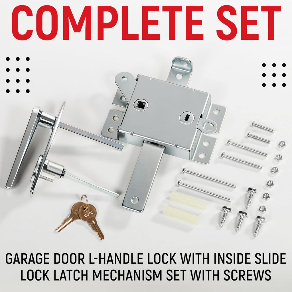 Garage Door Lock Kit, Keyed L-Handle with Inside Slide Lock Latch Mechanism, Complete Replacement Set with 2 Keys