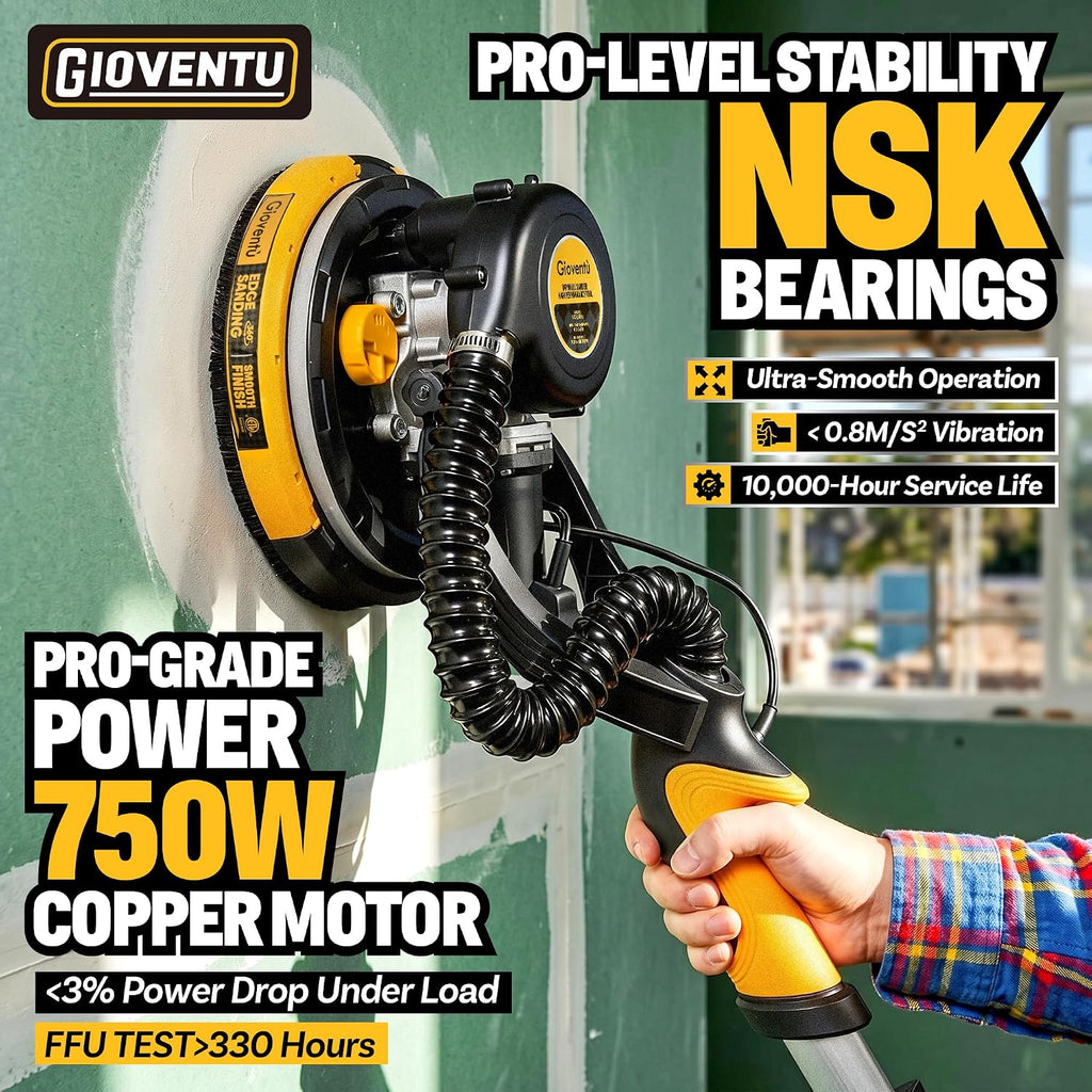 Electric Drywall Sander with Vacuum, 750W 7A, 26' Cord for Ceiling & Wall | 99% Dust Collection, Low Vibration NSK