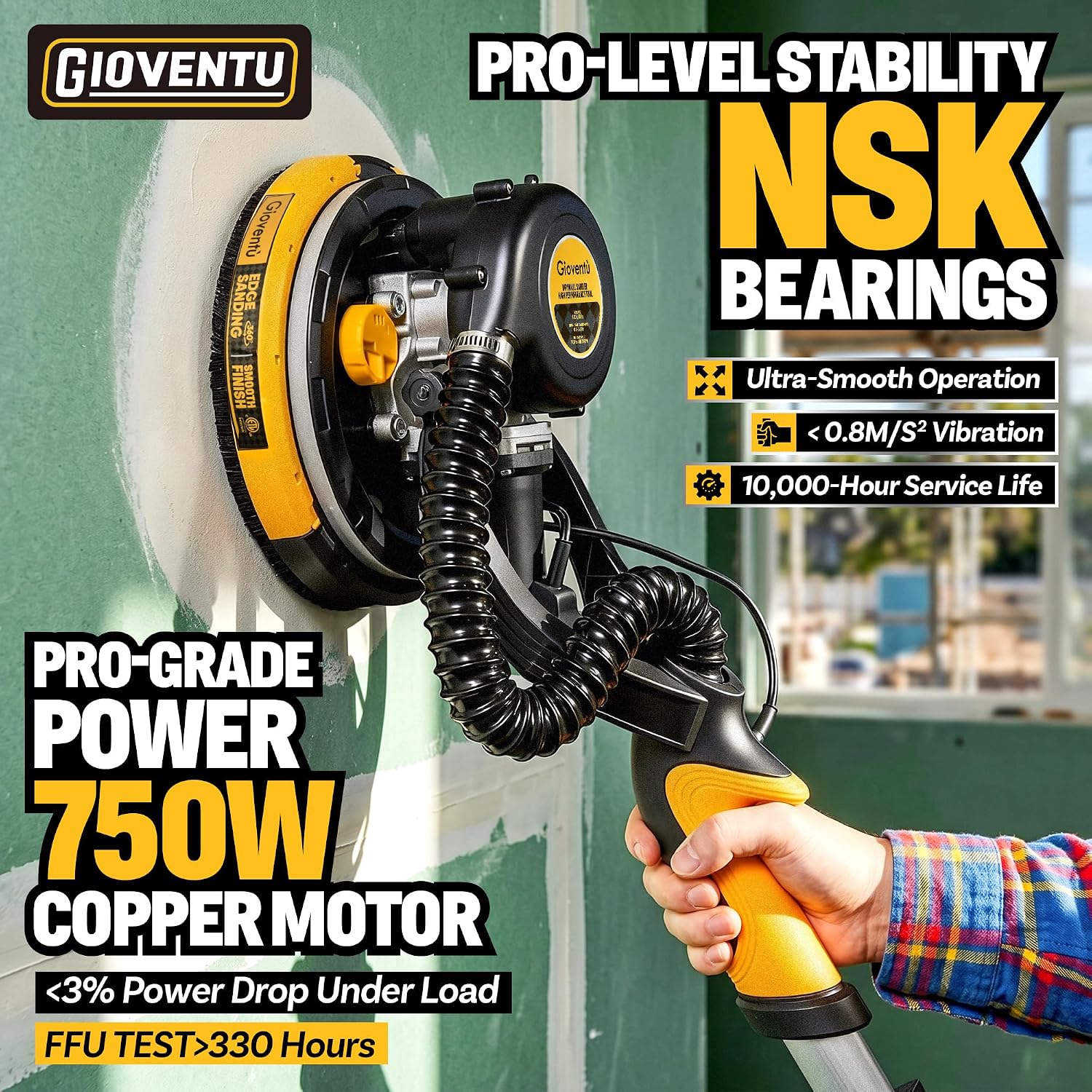 Electric Drywall Sander with Vacuum, 750W 7A, 26' Cord for Ceiling & Wall | 99% Dust Collection, Low Vibration NSK