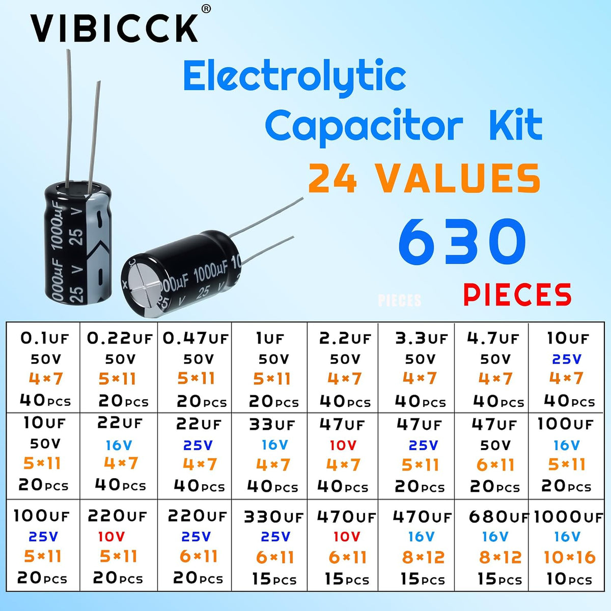 630pcs, 24 Value Electrolytic Flux Capacitor Assortment Kit