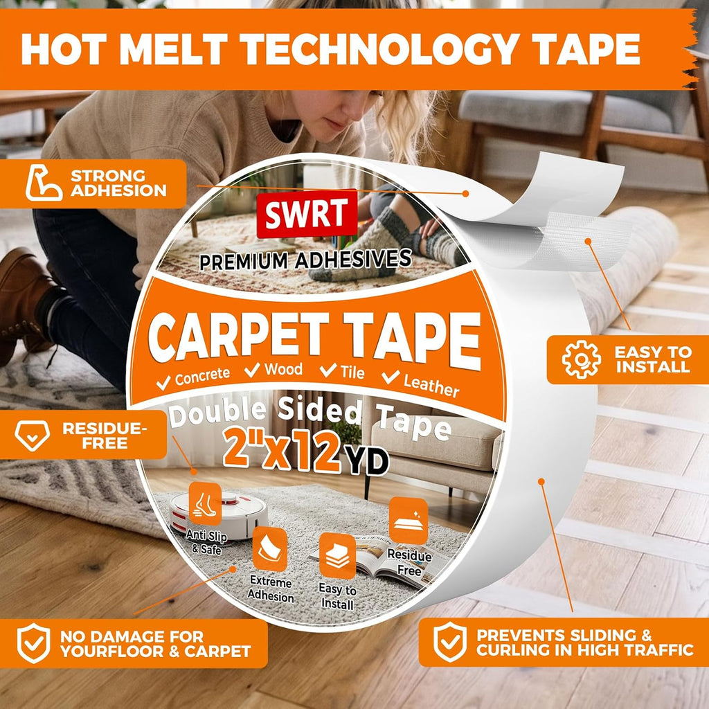 Double Sided Carpet Tape for Hardwood Floors & Area Rugs, 2" x 12YD