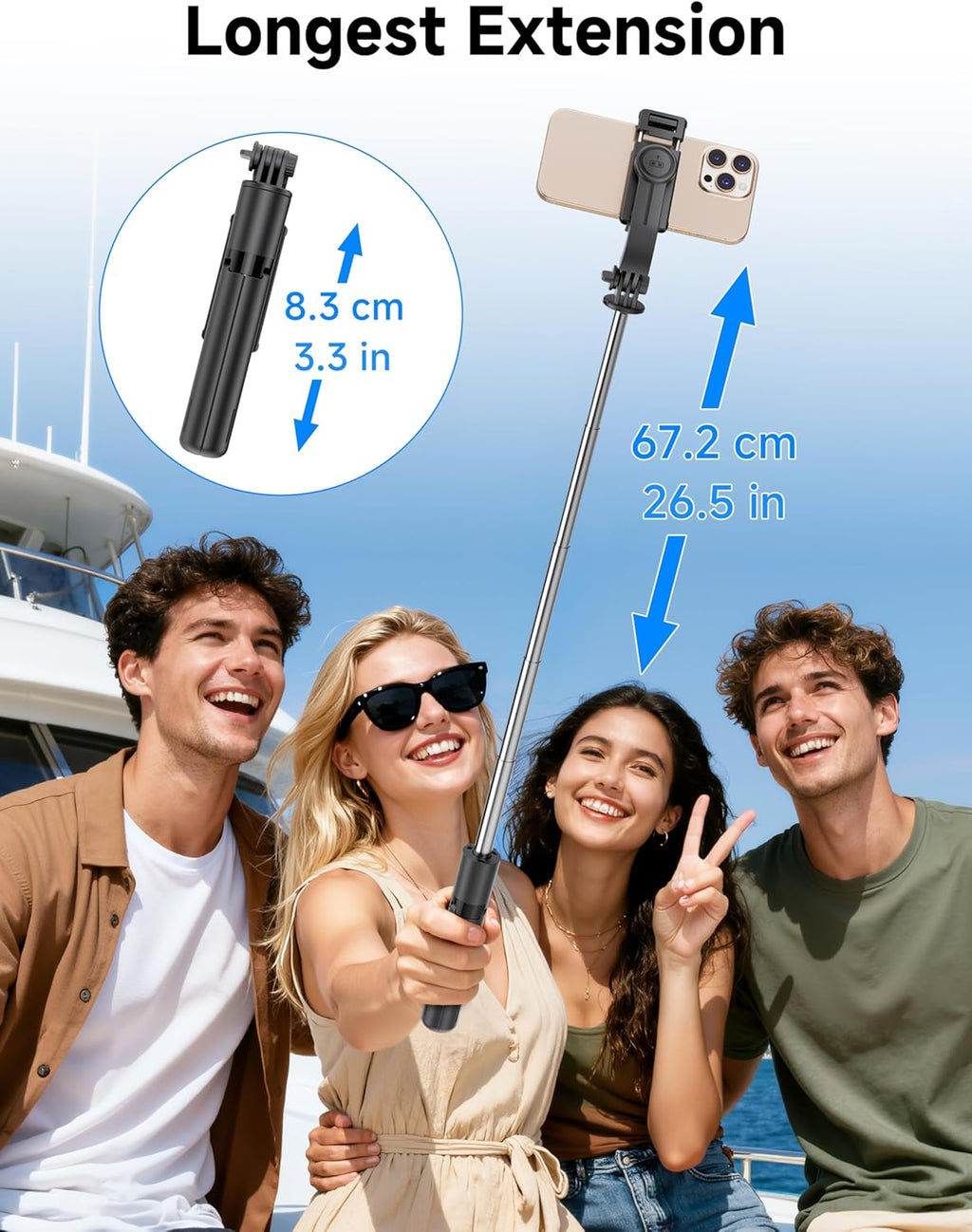 Mini Selfie Stick Travel Tripod for Cell Phone with Light, Extendable Selfie Stick for iPhone with Detachable Remote