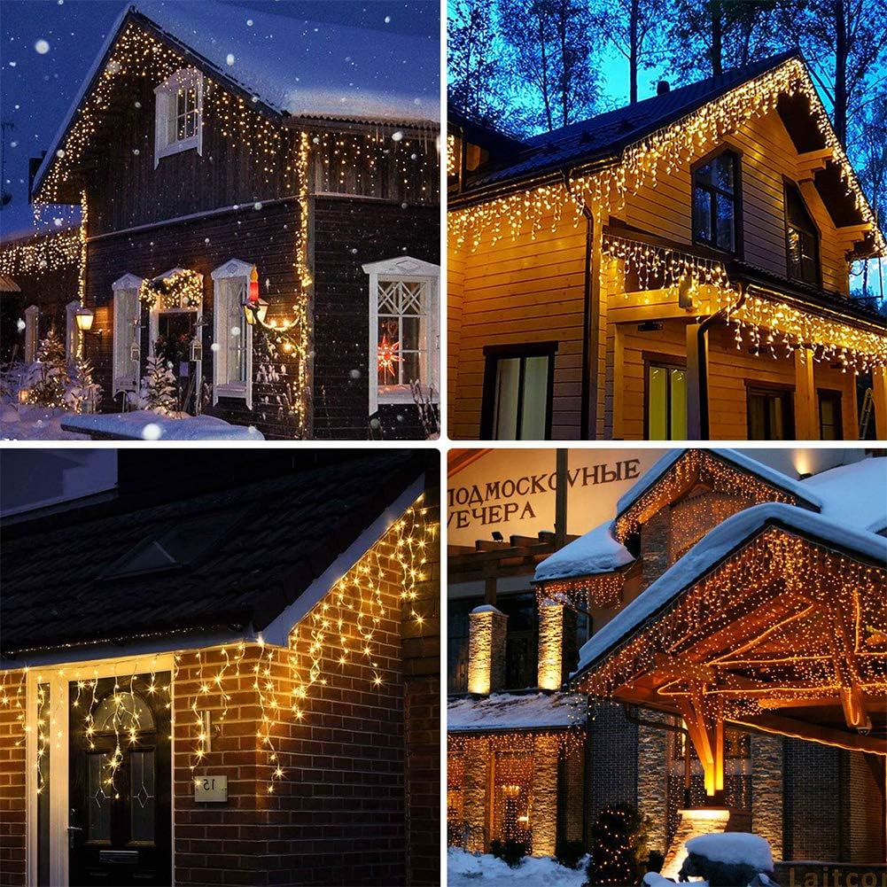 96 LED Icicle Lights for Outside,Warm White 11.4 FT Long | 16 Drops Connectable,8 Modes,Short Hanging Window String
