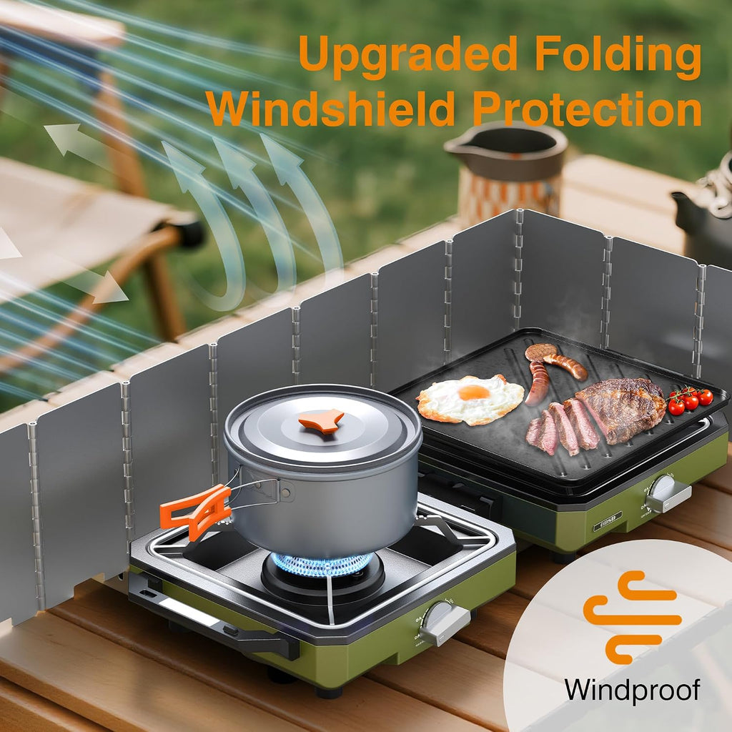 2 Burner Camping Stove with Windshield, 20000 BTU Propane Camp Stove, Portable Folding Gas Stove, Camping Essentials