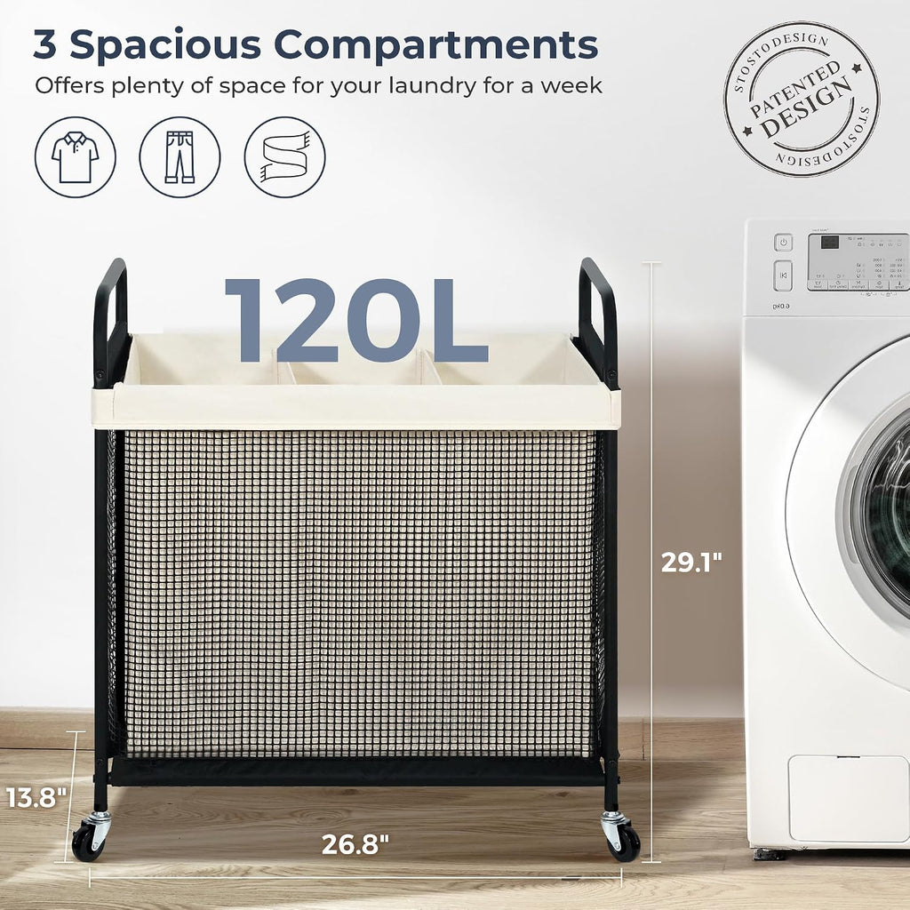 Laundry Hamper 3 Section, 120L Rolling Laundry Sorter Cart with Removable and Washable Liner Bag, Clothes Hamper with