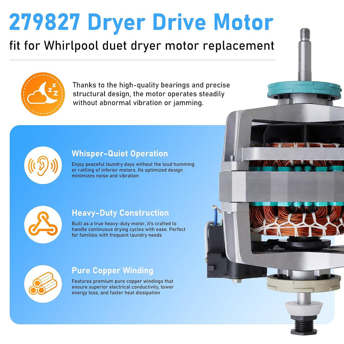 Upgraded 279827 S58TVNBG-7091 Dryer Drive Motor fit for Whirlpool Maytag