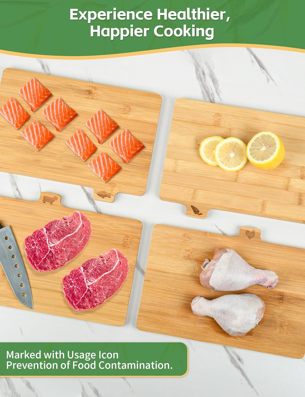 Bamboo Cutting Board Set with Meatal Stand, Lexda 4PCS Eco-Friendly Labeled Tabs Cutting Board, Durable Cutting