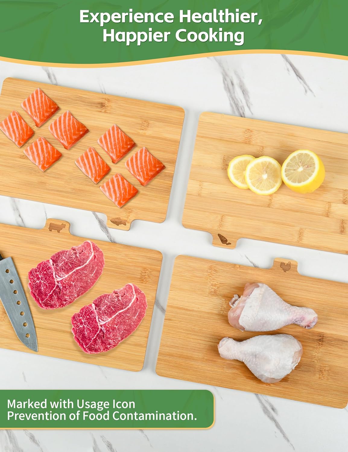 Bamboo Cutting Board Set with Meatal Stand, Lexda 4PCS Eco-Friendly Labeled Tabs Cutting Board, Durable Cutting