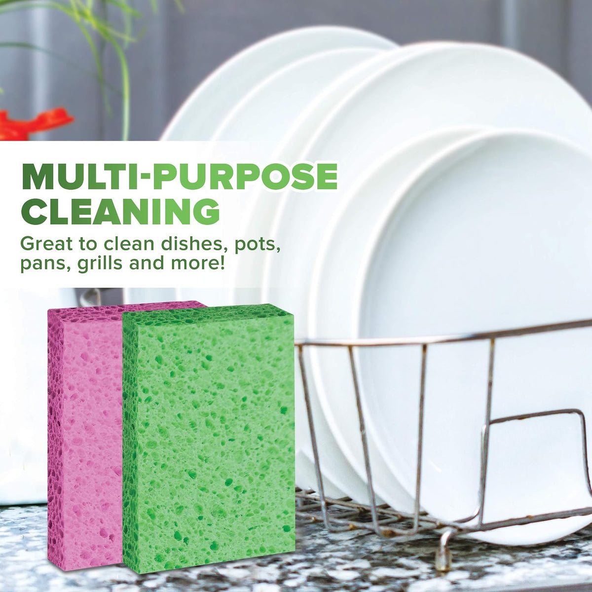 Cellulose Scrub Sponge - Kitchen Cleaning Sponges for Dishes, Pans, Pots & More- 6 Pack Dishwashing Sponges - Colors