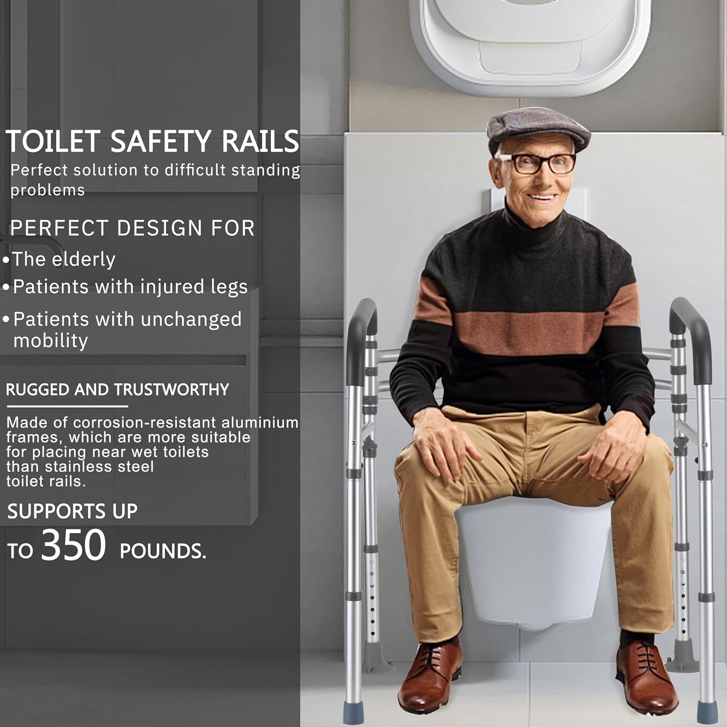 Toilet Safety Rails (350 lb), Adjustable Toilet Frame for Elderly, Seniors, Handicap & Disabled, Foldable Handicap