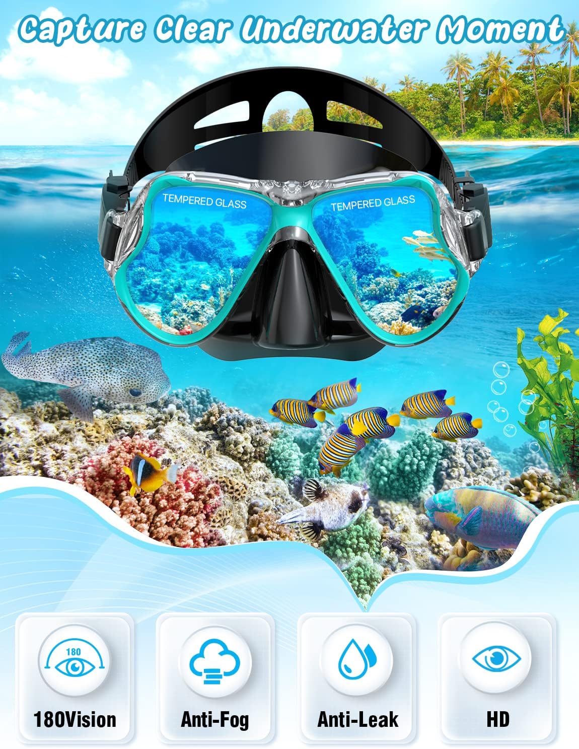 Snorkeling Gear for Adults, Panoramic Mask Anti-Fog & Dry Snorkel | Panoramic anti-fog mask with tempered glass lens