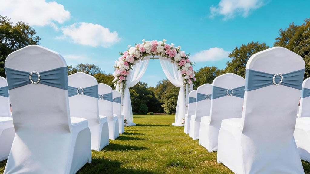 Pack of 50PCS Spandex Dusty Blue Chair Sashes Bows Elastic Chair Cover Bands Slider Buckles for Wedding Reception