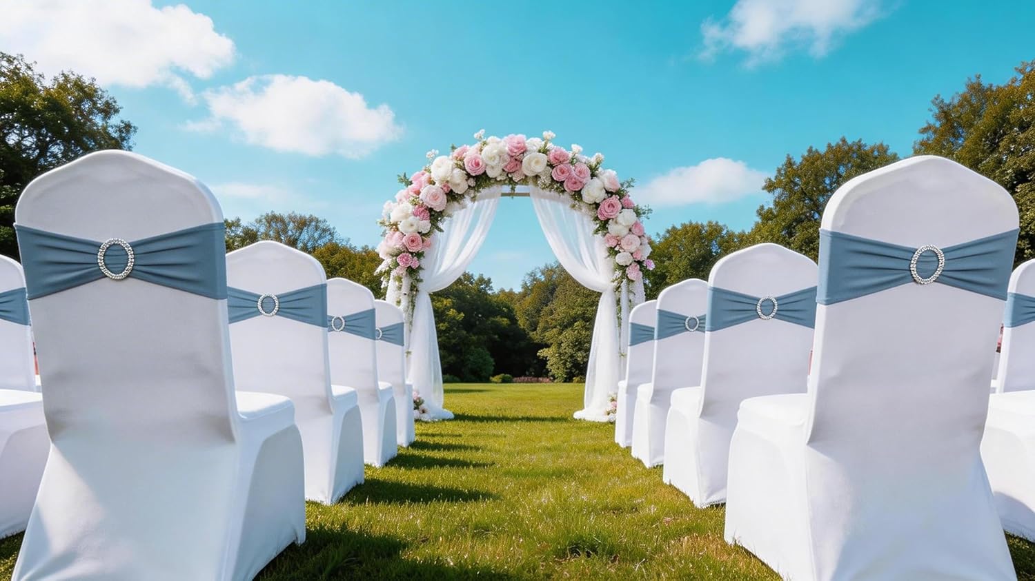 Pack of 50PCS Spandex Dusty Blue Chair Sashes Bows Elastic Chair Cover Bands Slider Buckles for Wedding Reception