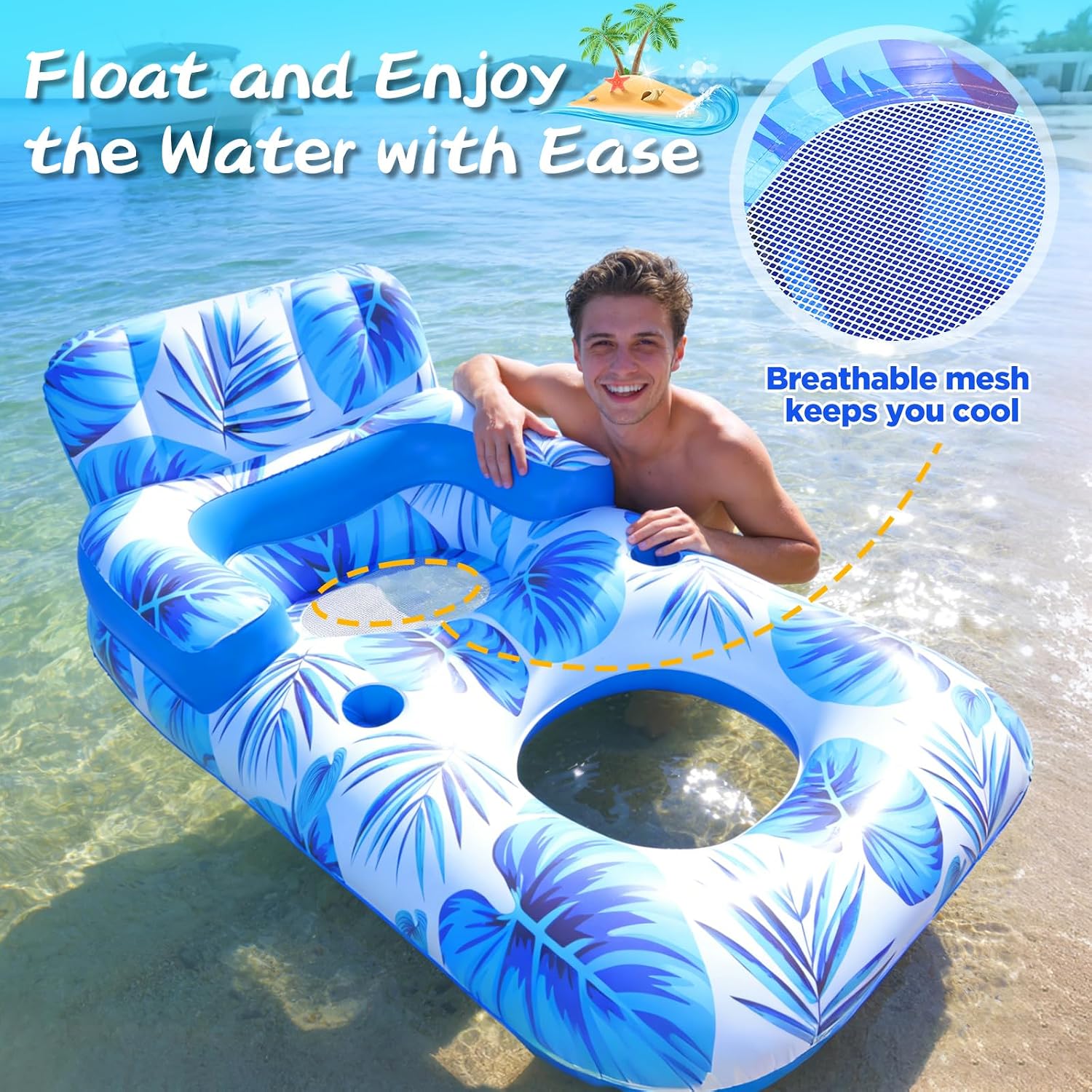 Pool Floats Adult, 65" Thicken PVC Inflatable Pool Chair Lounger Rafts with Cup & Phone Holder & Headrest Backrest