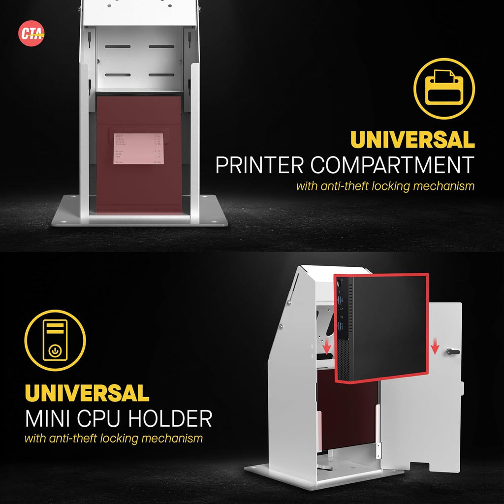 Self Service Kiosk POS Stand - CTA POS Kiosk with CPU & Printer Compartments for Digital Signage Displays TV's &