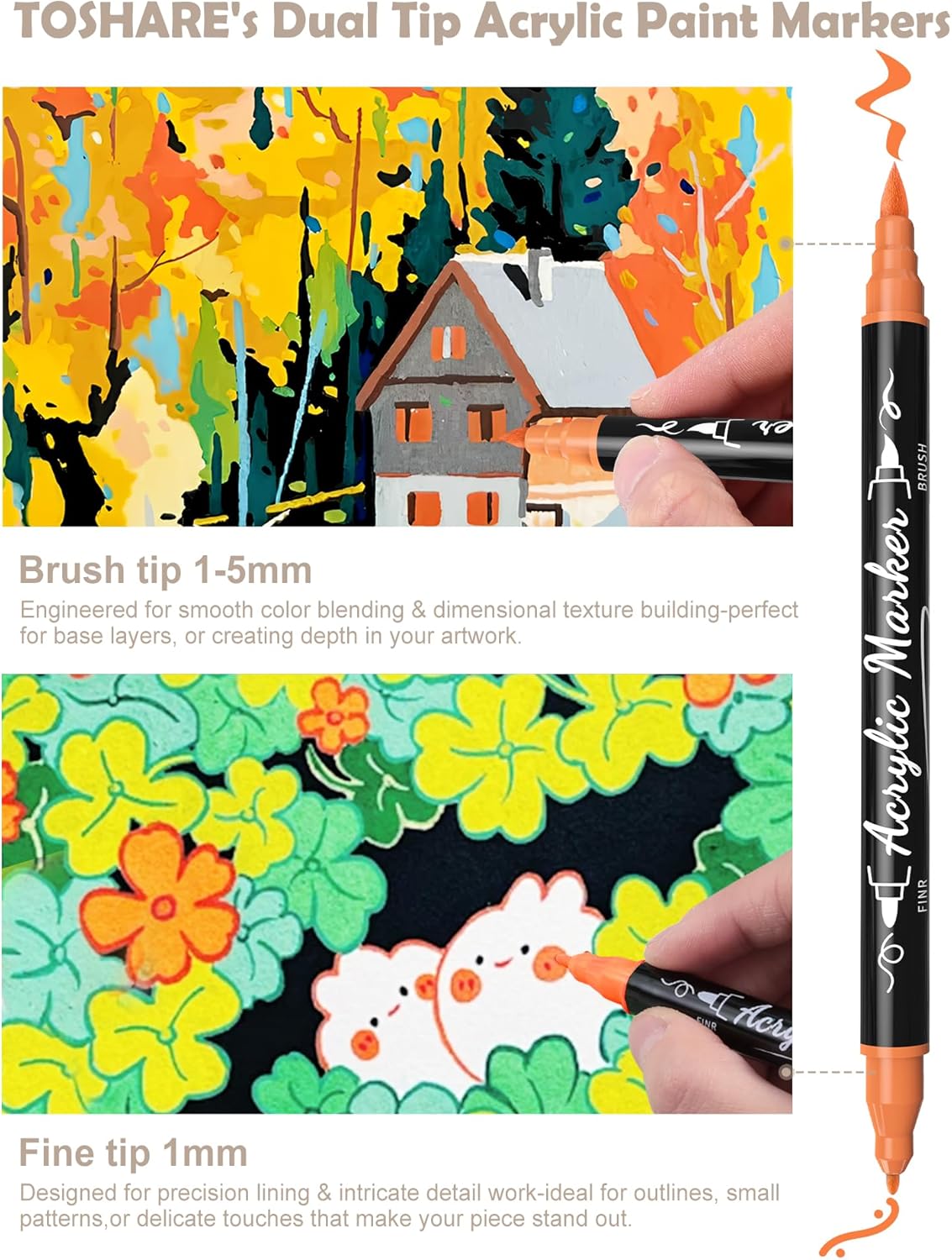 30 Colors Dual Tip Acrylic Paint Markers, Premium Brush&Fine Acrylic Paint Pens for Rock, Wood, Paper, Fabric
