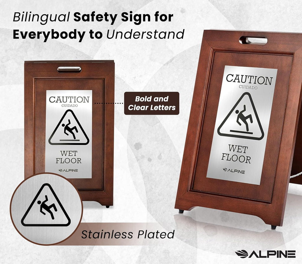 Wooden Wet Floor Sign – High-End Slippery When Wet Caution Sign, Bilingual English & Spanish, Stainless Steel Plate