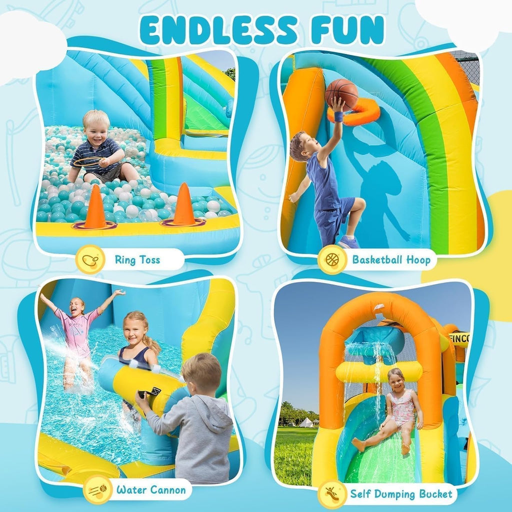 Inflatable Water Slide, Bounce House with 2 Slide for Kids, Inflatable Waterslide Park with Splash Pool, Basketball
