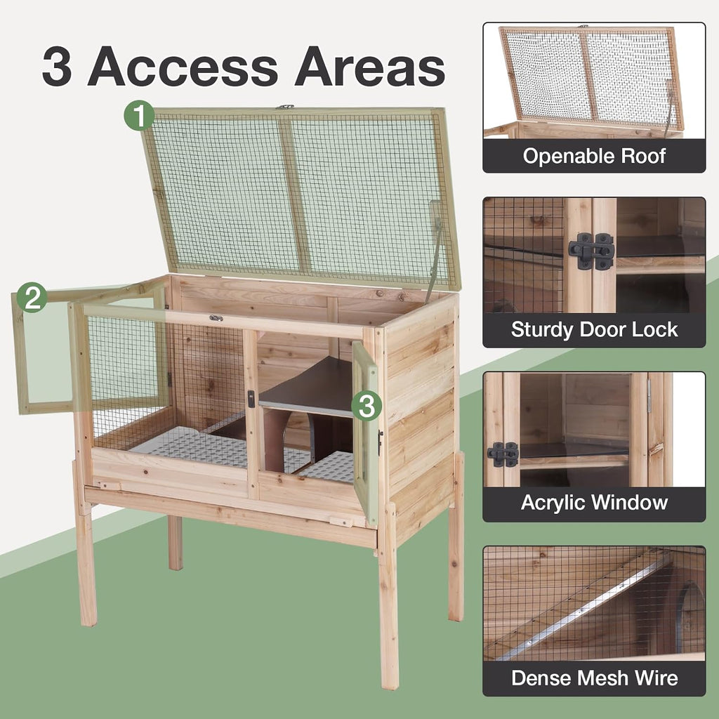 Guinea Pig Cage with Wooden Stand - Hamster Cage, Small Animal Cage Anti Chew Ramp, Hideout, Platform, Pull Out Tray
