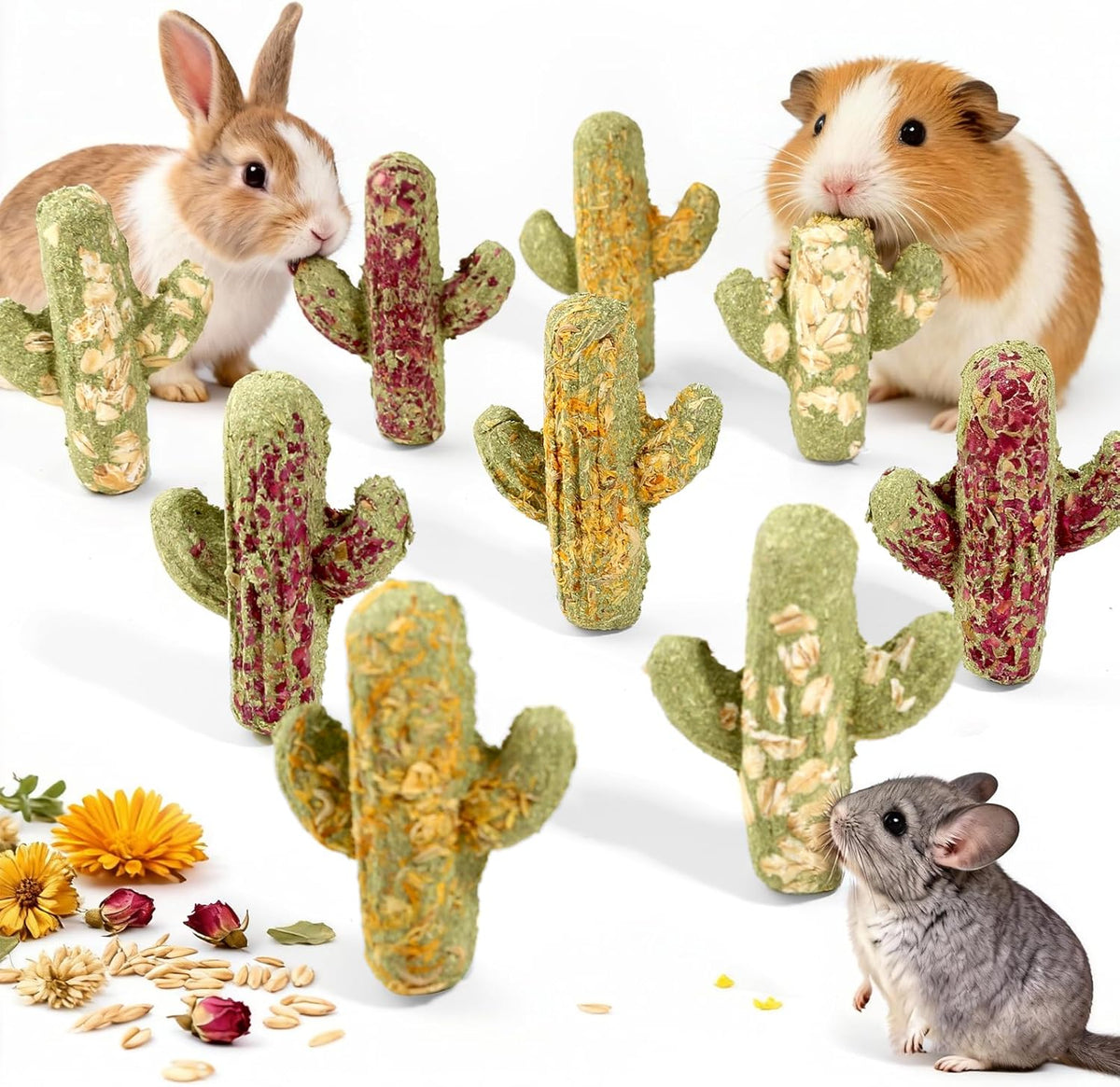 Rabbit Chew Toys 9 Pack, Natural Timothy Hay Oat Bunny Treats Snacks