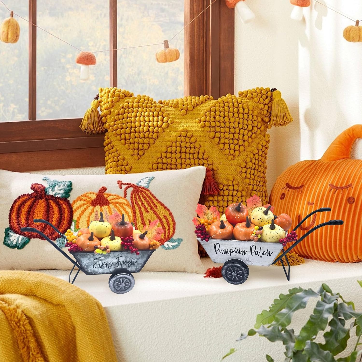 Fall Thanksgiving Centerpieces for Tables Metal Wheelbarrow White | Include Pumpkins Berries Fall Leaves