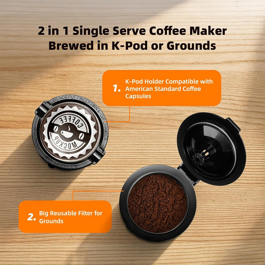 Small Single Serve Coffee Maker for K Cup and Grounds, Fast Brew One Cup Coffee Machine with One Button, 6 to 12 oz.