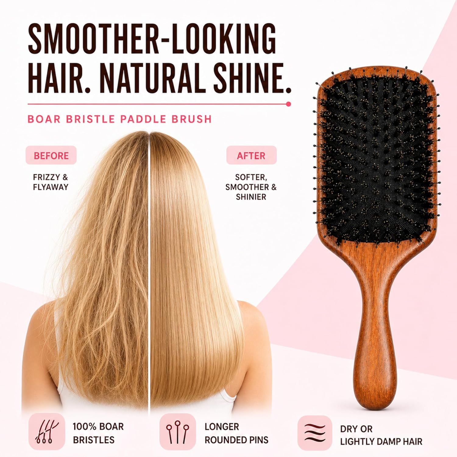 3-Piece Wooden Hair Brush Set with Boar Bristles & Wide Tooth Comb | A 3-piece wooden hair brush set for gentler