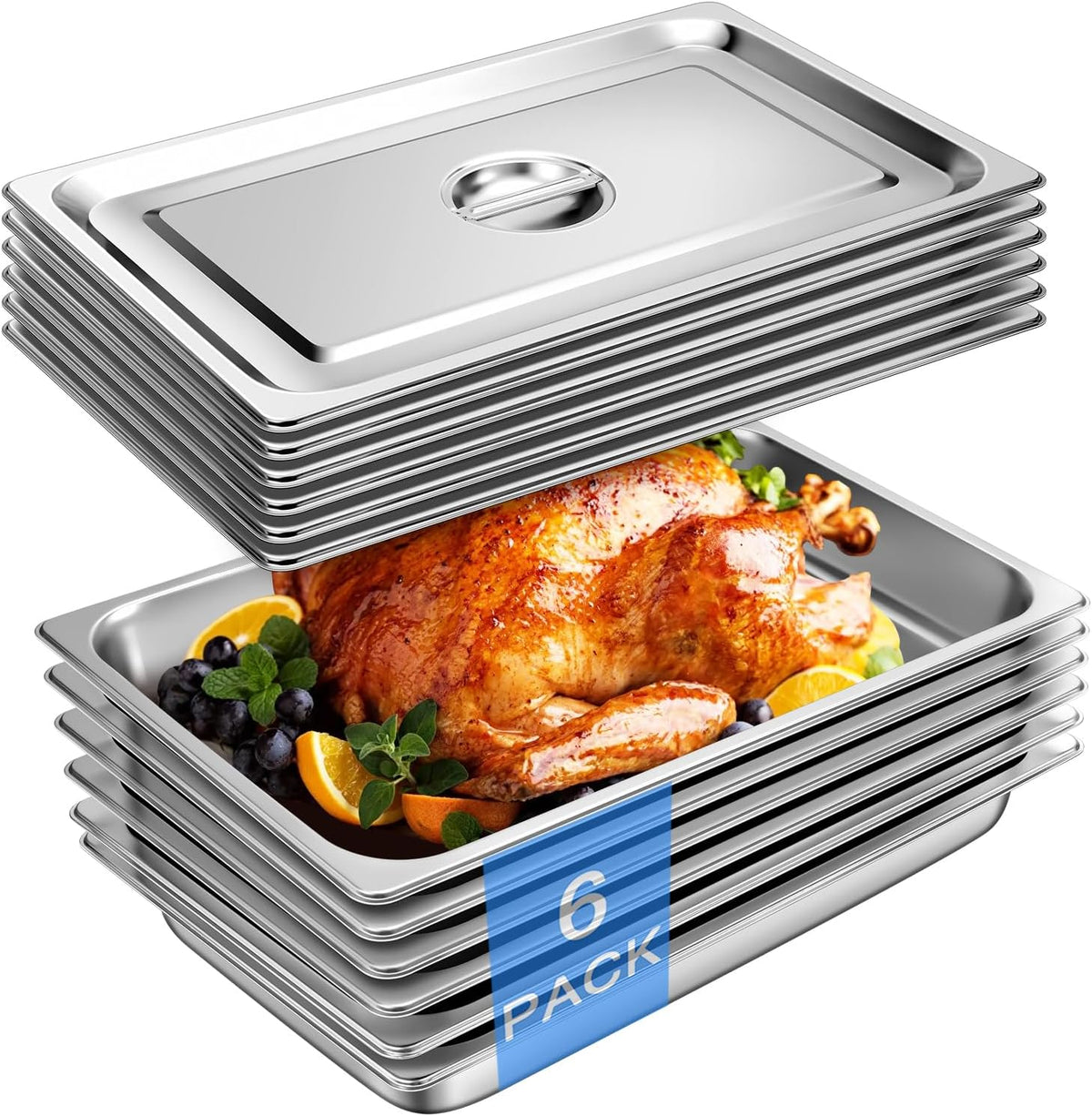 Stainless Steel Hotel Pans With Lids (6 Pack, Full Size 1/1 x 2-1/2" Deep)