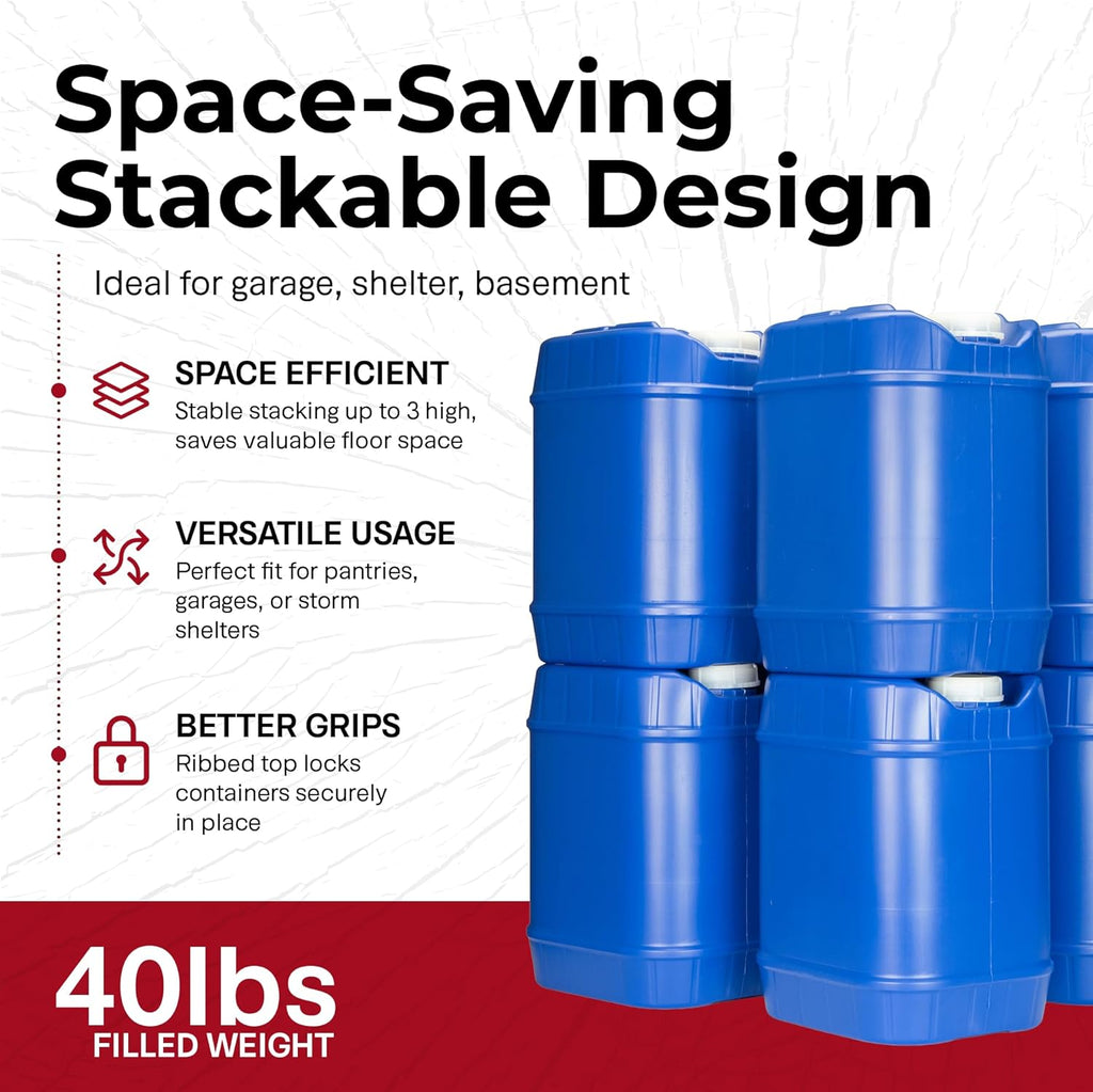 Legacy Food Storage Emergency Water Storage Containers, Long Term 5 Gallon Water Tank - 4 Stackable Food Grade Tanks