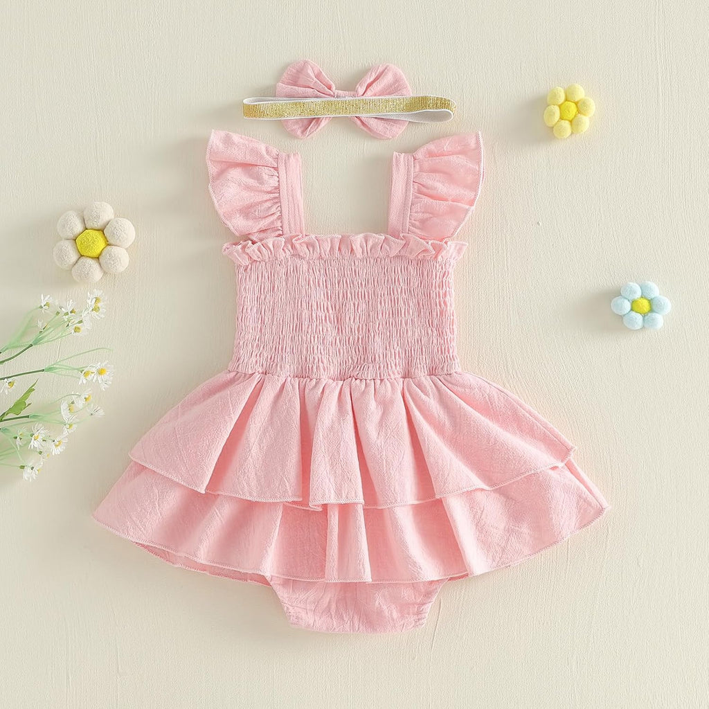 Newborn Baby Girls Summer Clothes Ruffle Sleeveless Pleated Smocked Bubble Romper Dresses Infant Bodysuit Jumpsuit