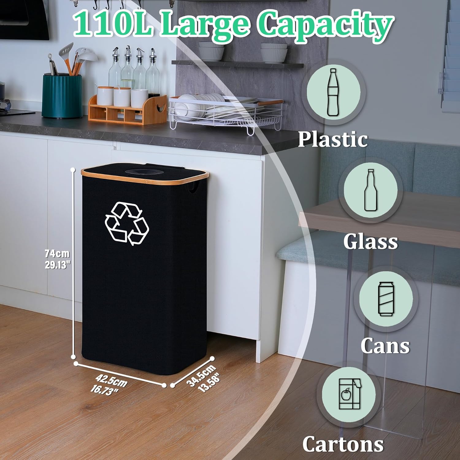 29 Gallons Recycling Bins for Kitchen, Indoor Recycle Bins with Lid, 110L Large Recycle bin with 2 Removeable