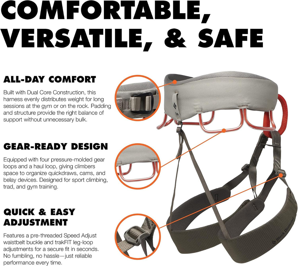 Men's Momentum Rock Climbing Harness, Adjustable Loops | trakFIT leg loops, pre-threaded buckle, gear loops organize