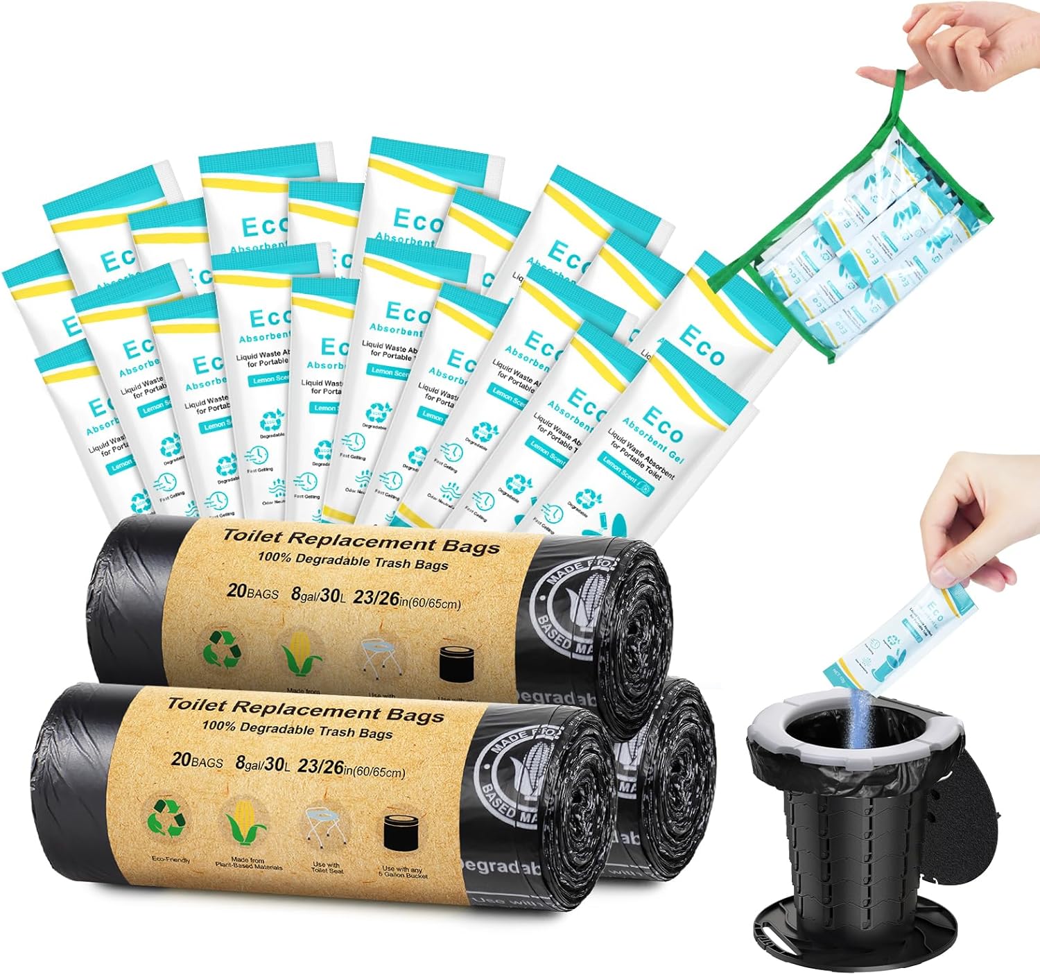 Camping Toilet Bags Absorbent Gel Set, Portable Toilet Bags with Gel, 8 Gallon, 30 Liter, Heavy Duty 1 Mil, Toilet