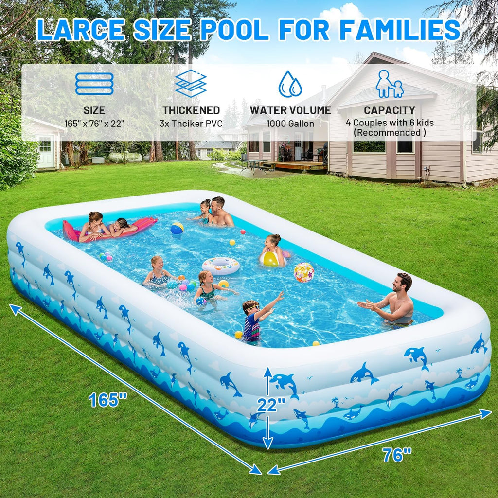 Extra Large Inflatable Swimming Pool – 165" x 76" x 22" Oversized Blow Up Pool for Adults, Big Family Backyard Pool