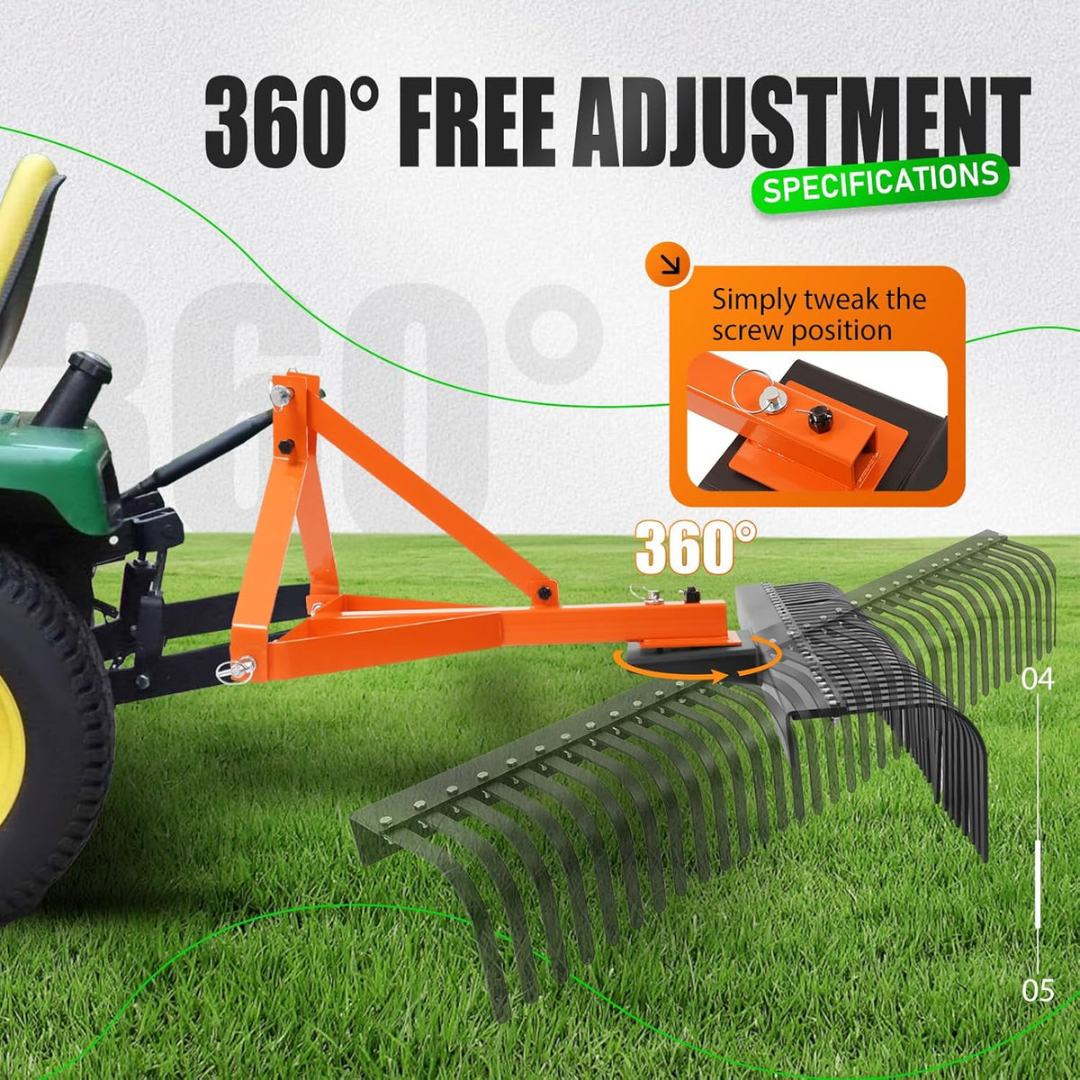 60 in Landscape Rake, 3 Point Rake Compatible with Category-1 Tractor, 360 Degree Rotation Tow-Behind Garden Tool for