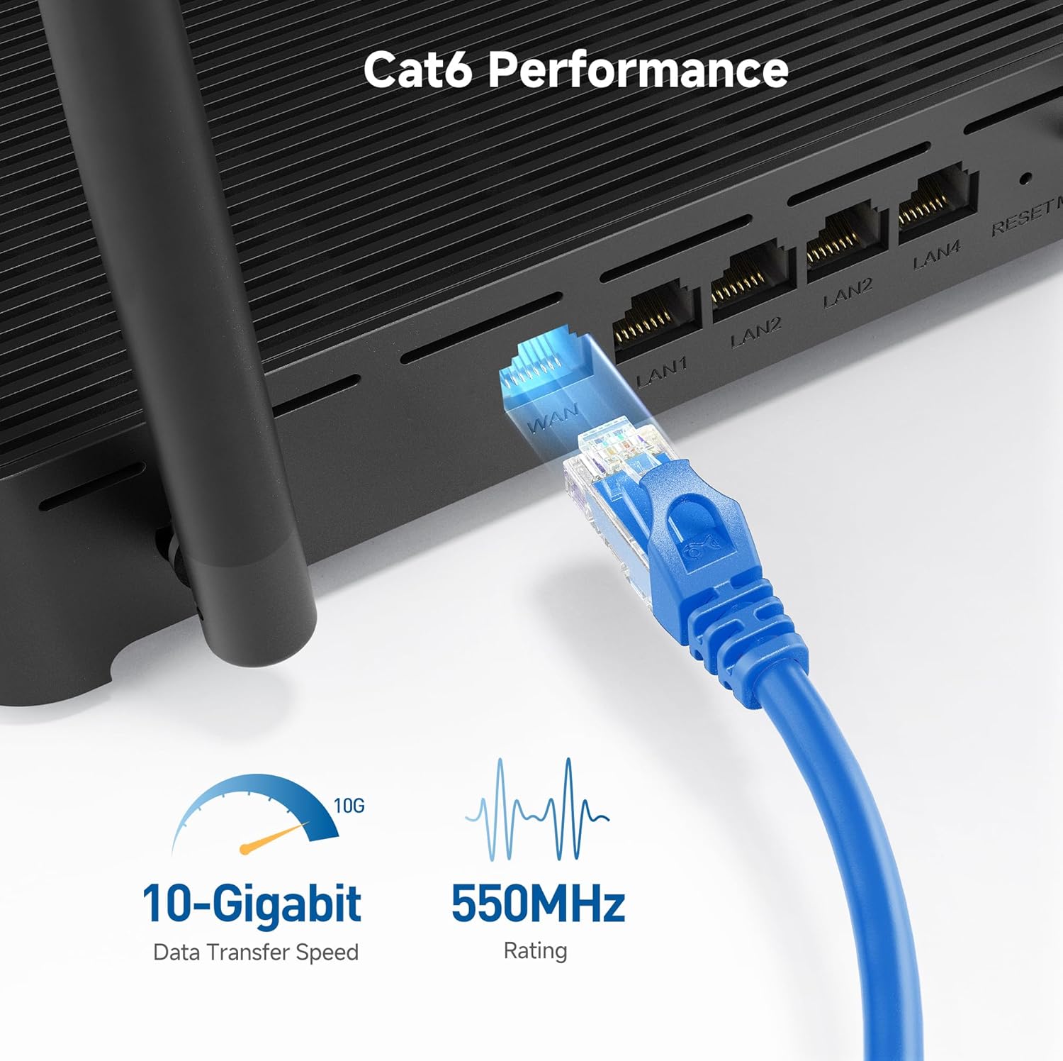 10Gbps Snagless Cat 6 Ethernet Cable, 50ft, Blue | 24 AWG Bare Copper, Gold-Plated RJ45, PoE++, 550MHz Bandwidth