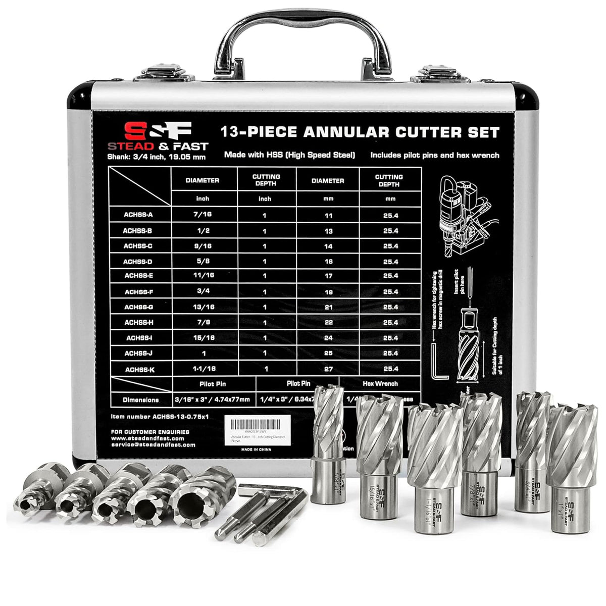 S&F STEAD & FAST Annular Cutter Set 13 Pcs, 7/16" to 1-1/16", 1" Depth