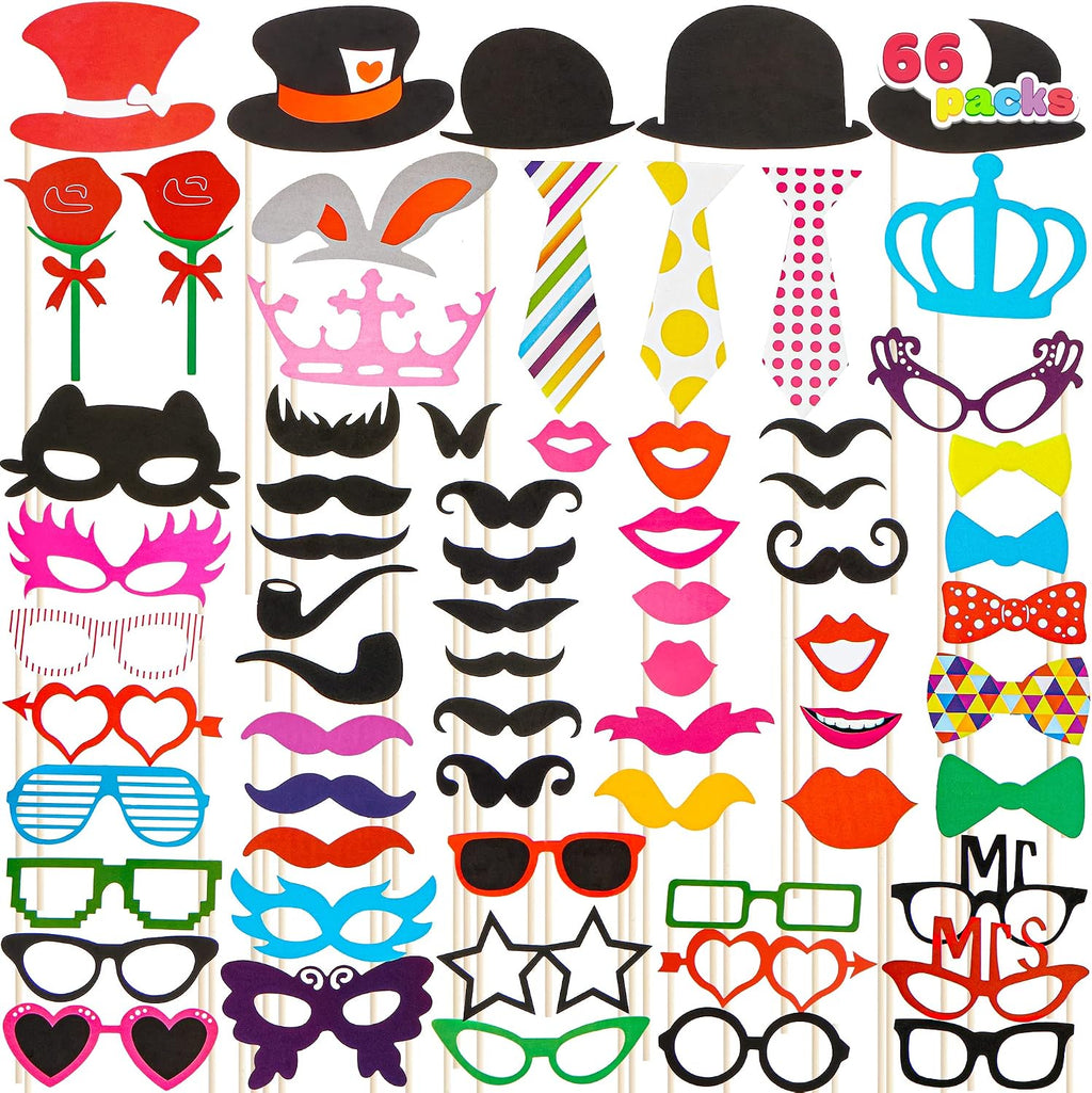 Toy Photo Booth Props 66 Pieces，Multicolor Kit for Graduation Wedding Party Supplies Favors，with Stick, Hats