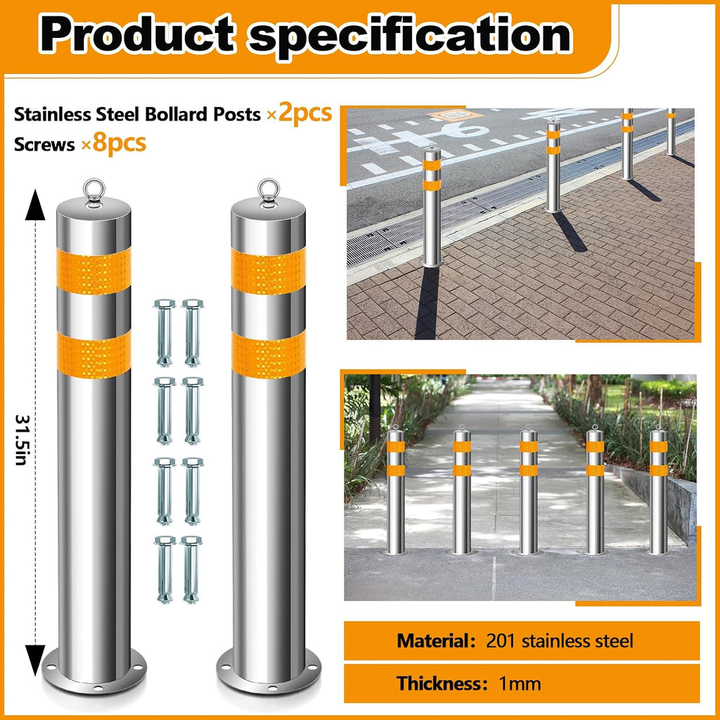 31.5 Inch Stainless Steel Bollard Post with Anchor Bolts Parking Barrier Block Safety Bollard Covers with Reflective