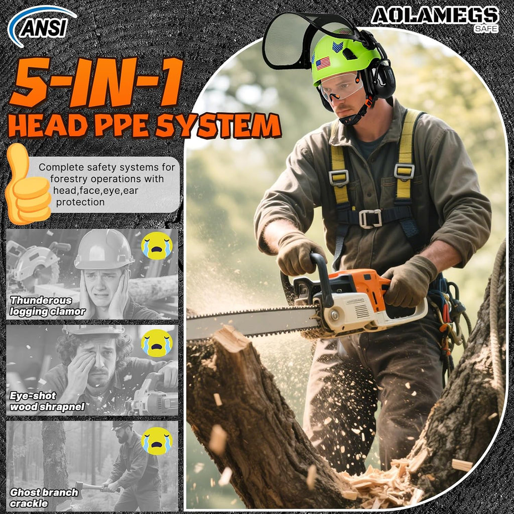 Chainsaw Helmet with Face Shield and Ear Muffs Visor-Vented Arborist Helmet with Hearing Protection & Mesh Full Face