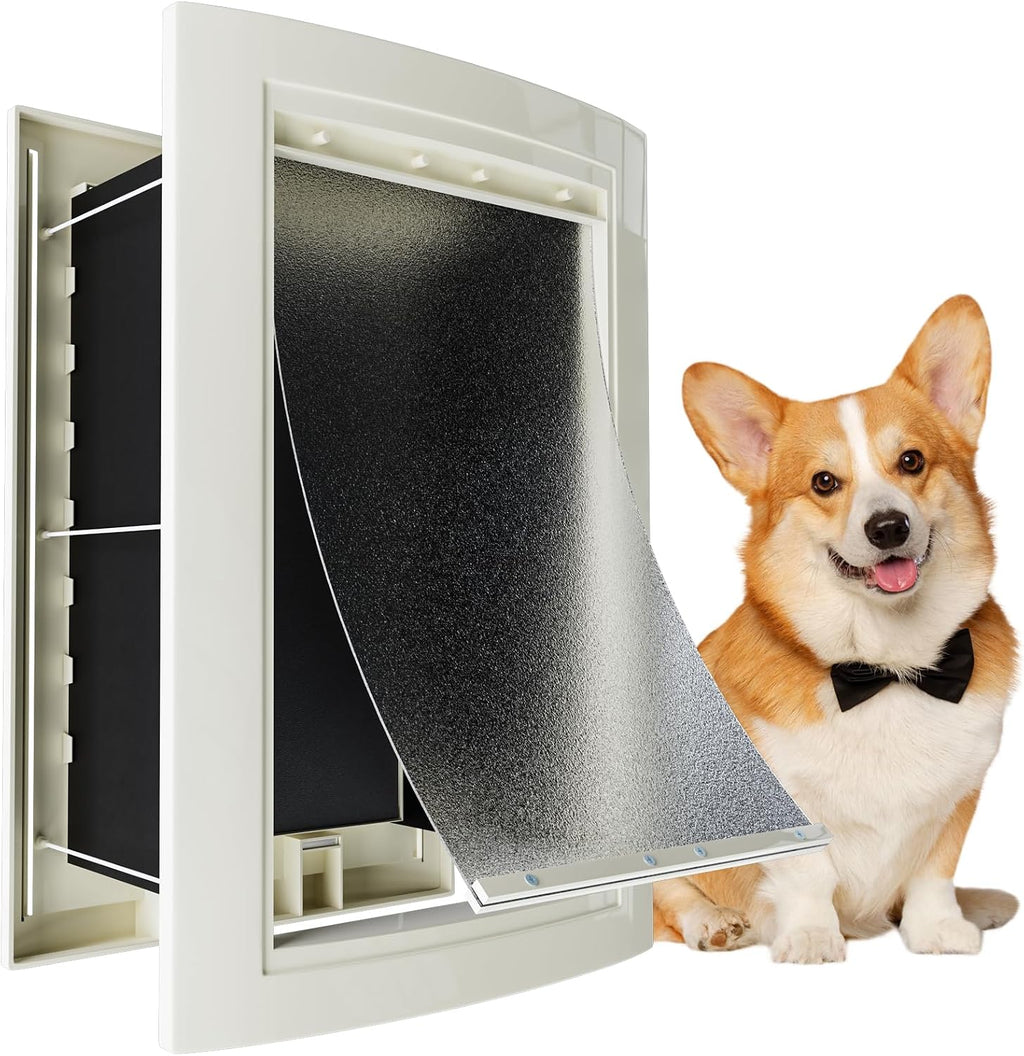 Dog Door for Wall, Pet Door, Doggie Door with Telescoping Tunnel, Double Magnetic Flaps and Sliding Lock Panels