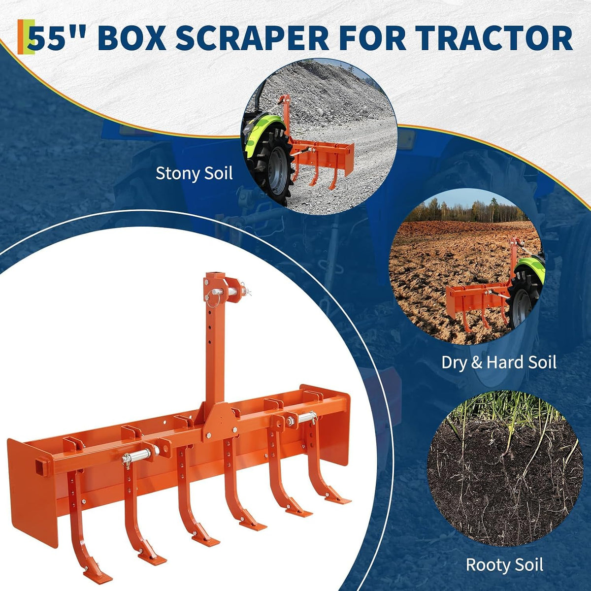 Heavy Duty 55" Box Blade for Tractor – 3-Point Hitch Scraper Attachment with 6 Adjustable Scarifier Shanks – Land