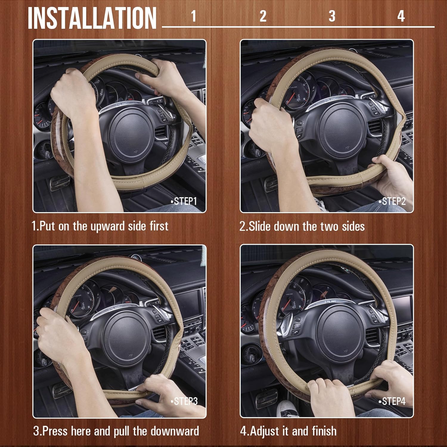 Wood Grain 14.5-15 inch Microfiber Leather Steering Wheel Cover, Anti-Slip Veins Design Steering Wheel Universal Fit