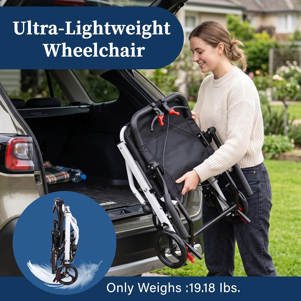 Lightweight Transport Wheelchair for Adults & Seniors, 19 lbs Foldable Travel Wheelchair with 18.1" Wide Seat