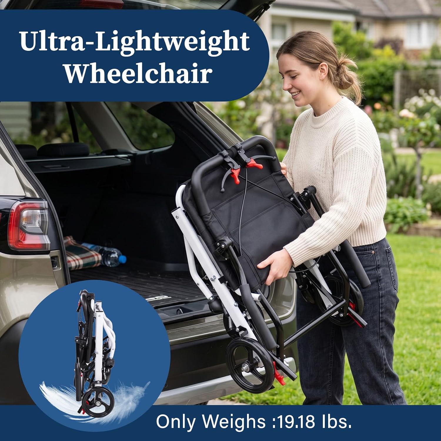 Lightweight Transport Wheelchair for Adults & Seniors, 19 lbs Foldable Travel Wheelchair with 18.1" Wide Seat
