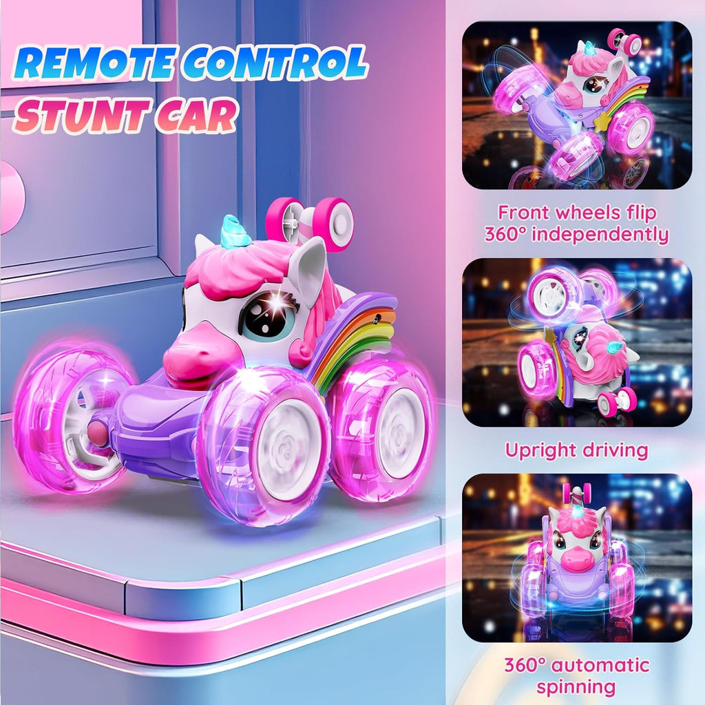 Unicorn Remote Control Car Toys for Girl - 360° Rotating Pink RC Stunt Cars 4WD Remote Cars for Kids, 2.4GHz Toy Car