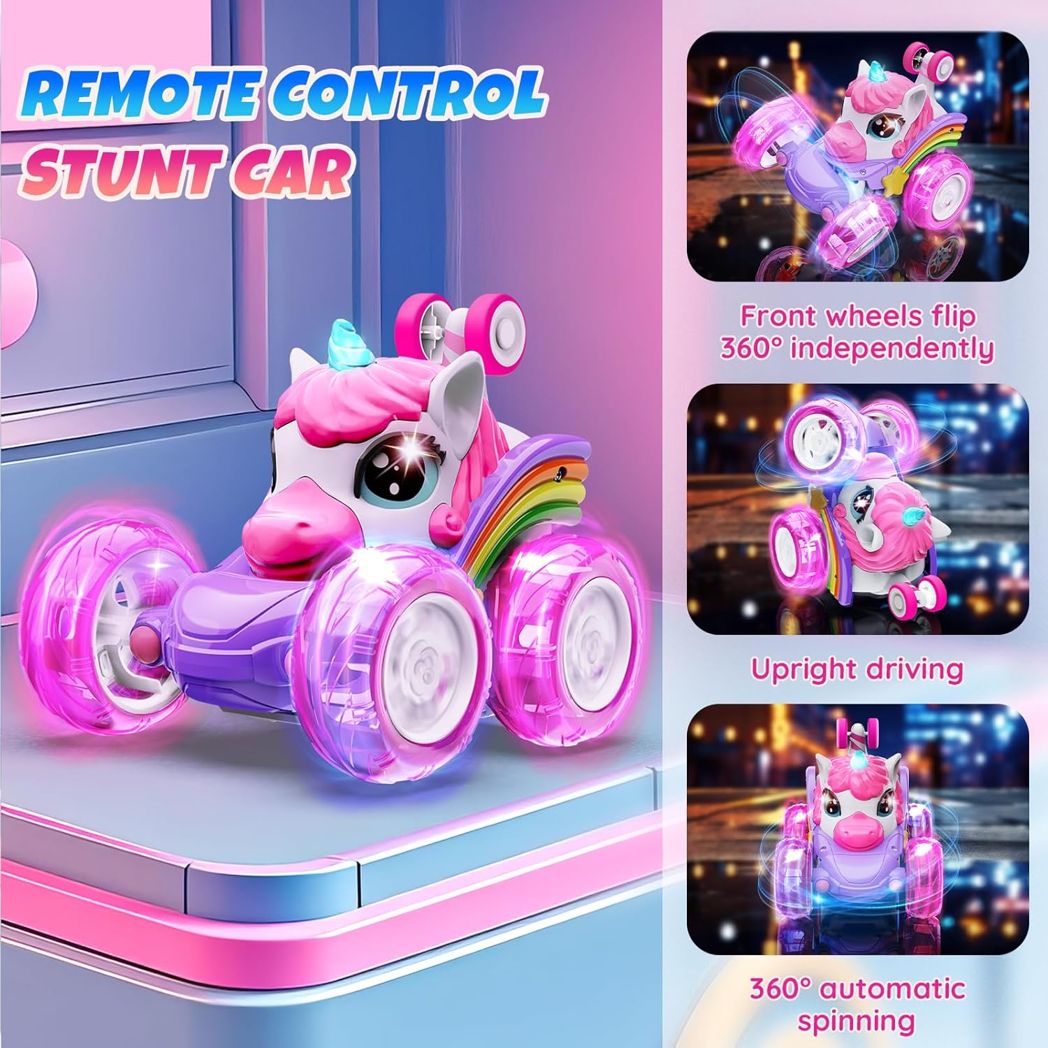 Unicorn Remote Control Car Toys for Girl - 360° Rotating Pink RC Stunt Cars 4WD Remote Cars for Kids, 2.4GHz Toy Car