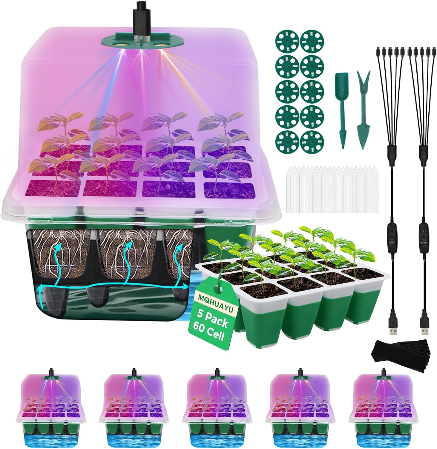 60-Cell Self Watering Seed Starter Tray with Grow Light, 5-Pack Reusable Seed Starter Kit with Soft Silicone, Plant