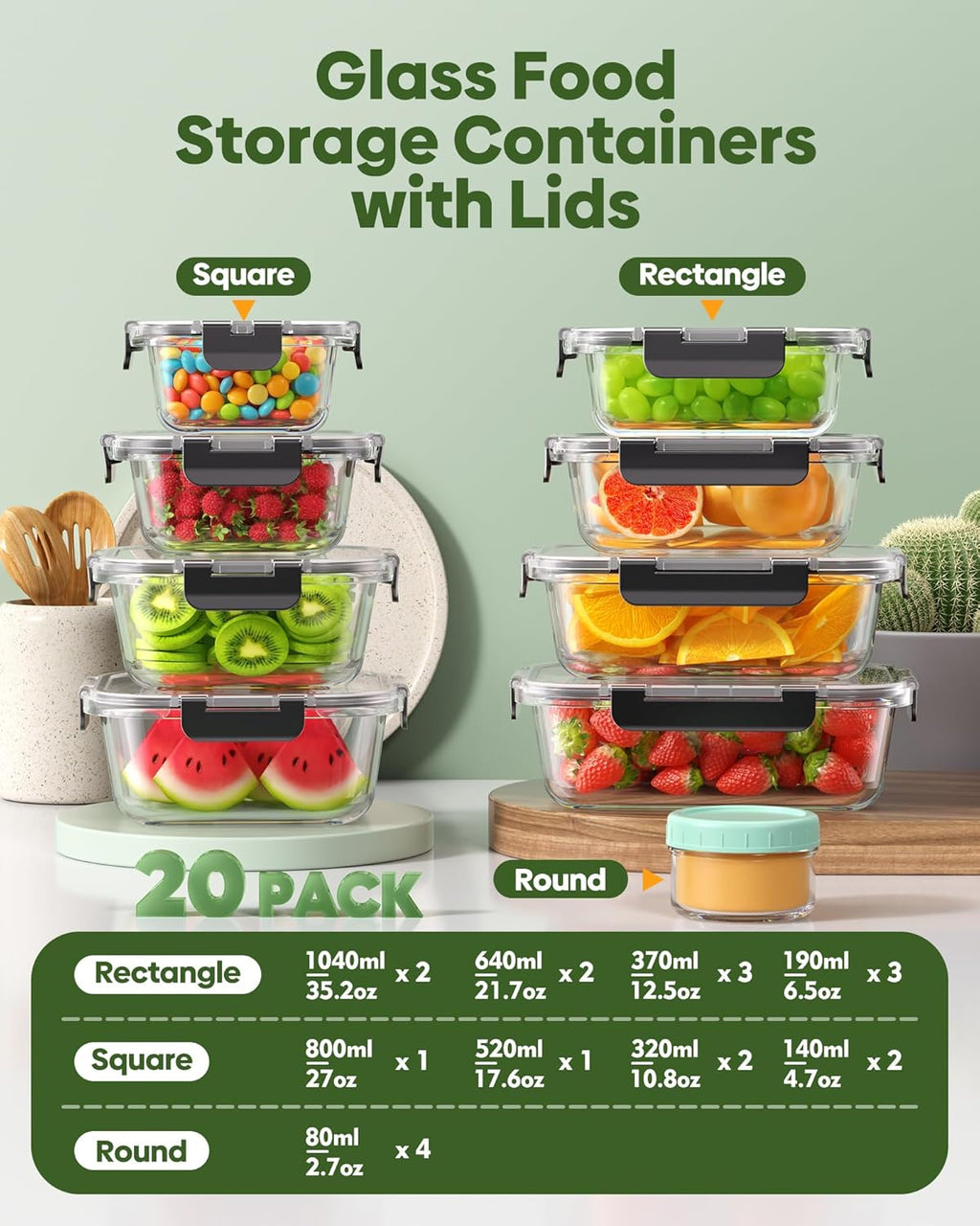 40 PCS Glass Food Storage Containers with Lids(20 Container & 20 Lid), Borosilicate Glass Meal Prep Containers for